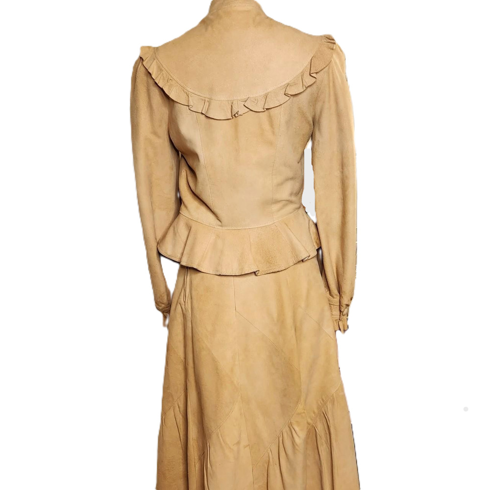 Vtg 70's PIONEER WEAR fit 8 Tan Suede Leather Ruffle Jacket & Skirt Western Boho - Picture 5 of 16